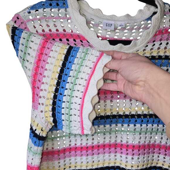 GAP Womens Crochet Sweater Size L Multicolor Striped Short Sleeve Beachy Summer - Picture 4 of 9